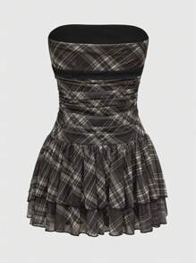 ROMWE J-Fashion 女式复古格纹印花甜美褶边迷你连衣裙 - 棕色 - 查看 6