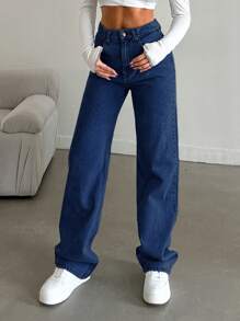 SHEIN Cottnline 100%纯棉高腰休闲直筒牛仔裤 - 中等水洗藍 - 查看 7