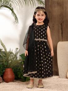 SHEIN 两件套适合年轻女孩的端庄优雅的晚礼服，黑色，带金箔印花 - 黑色 - 查看 5