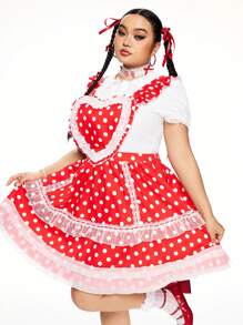 ROMWE Kawaii Sukienka typu babydoll w stylu wiejskim w dużych rozmiarach z nadrukiem w kropki i serca