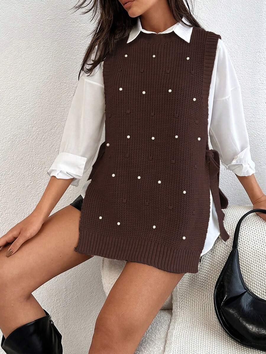 EURMUSE Round Neck Sleeveless Sweater With Pearls - Brown - View 1