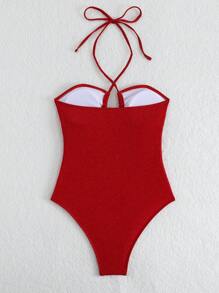 SHEIN Swim 女士露背镂空连体泳衣，金属金/银线，适合海滩、春假、节日、波西米亚风 - 紅色 - 查看 7