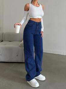 SHEIN Cottnline 100%纯棉高腰休闲直筒牛仔裤 - 中等水洗藍 - 查看 4