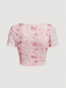 SHEIN Girlism Tween 女童优雅碎花蝴蝶结短袖短款 T 恤 - 粉色 - 查看 2