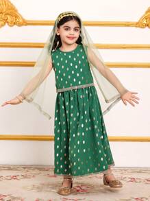 SHEIN 2 件套简约黑色斋月派对套装，适合年轻女士，带金箔印花 - 綠色 - 查看 6