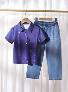 SHEIN 男童波尔卡圆点印花马球领短袖上衣和裤子休闲套装 - 彩色 - 查看 7