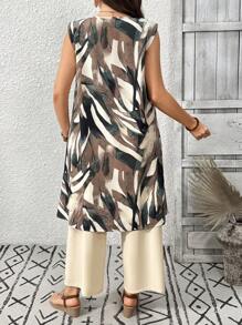 EMERY ROSE Plus Size Vacation Casual All-Over Print Wrap Top And Long Pants 2 Pieces Set - Multicolor - View 2