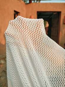 Swim Chiccia Plus Size Women Elegant Crochet Knit Short Belted Beach Cover Up, Suitable For Summer Resort - White - View 6