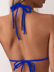 SHEIN Swim 女士夏季海滩纯色露背性感比基尼两件套泳衣套装 - 藍色 - 查看 4