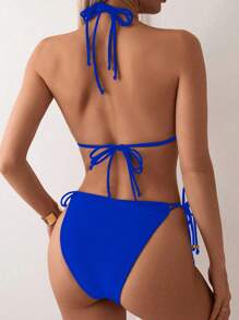 SHEIN Swim 女士夏季海滩纯色露背性感比基尼两件套泳衣套装 - 藍色 - 查看 2