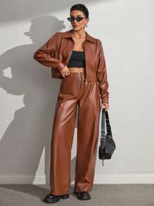 SHEIN Completo giacca e pantaloni in pelle cammello con cerniere in metallo