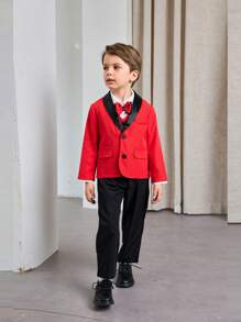 Young Boy Color Blocking Casual Gentleman Style Outfit - Shirt And Pants Set - Red - View 6