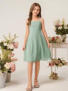 Vestido Slip Elegante e Minimalista para Meninas, Cintura Alta, Sem Mangas, Comprimento Médio, em Chiffon Verde Menta, Vestido de Verão Leve - Verde - Visão 7