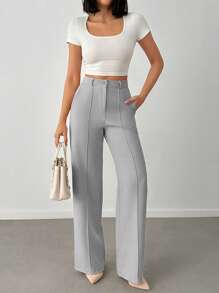 EURMUSE Women's Solid Pleated Seam Detailed Suit Pants - Light Grey - View 5