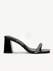 CUCCOO CHICEST Women's Rhinestone Buckle Strap Transparent PVC Square Toe Block Heel Elegant Sexy Black Clear High Heels Sandals Mules For Party, Dating, Nightclub - Black - View 4