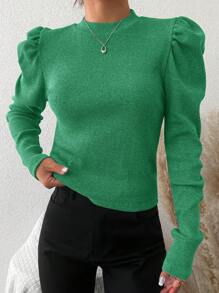 EURMUSE Cotton Solid Gigot Sleeve Ribbed Knit Tee - Green - View 3
