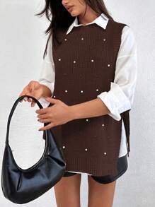 EURMUSE Round Neck Sleeveless Sweater With Pearls - Brown - View 3