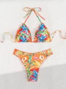 SHEIN Swim 2pcs/Set Tropical Print Frill Trim Halter Neck Top And High Cut Bikini Bottom Bikini Set, Beach Holiday Style, For Summer Vacation - Multicolor - View 3