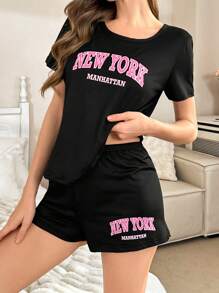 Conjunto de pijama de shorts y blusa de manga corta con estampado de letras para mujeres - Negro - Ver 6