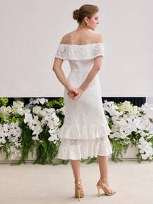 MOTF PREMIUM ELEGANT LACE FLORAL EMBROIDERED RUFFLE HEM OFF SHOULDER DRESS - White - View 4