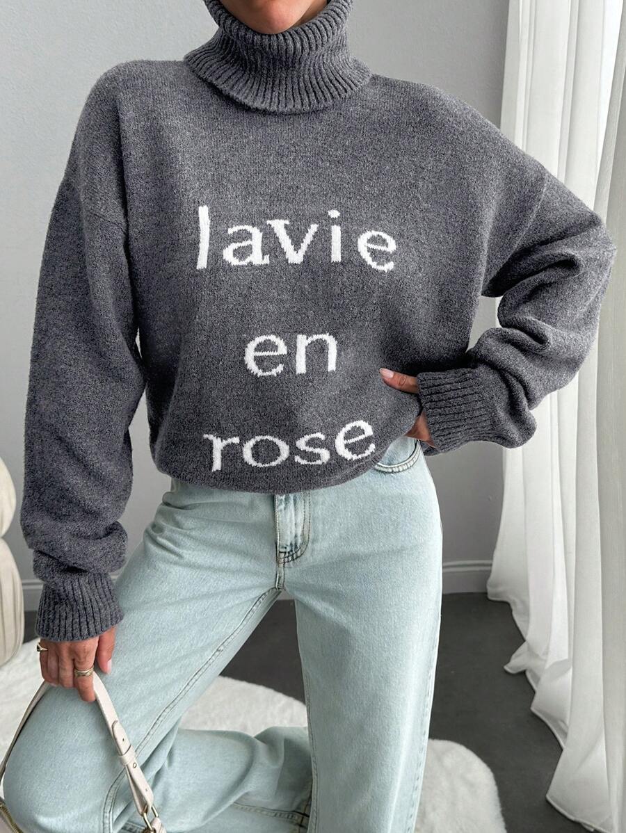 EURMUSE Women Casual Daily Letter Pattern Loose Drop Shoulder Turtle Neck Sweater, Autumn & Winter - Grey - View 1