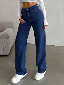 SHEIN Cottnline 100%纯棉高腰休闲直筒牛仔裤 - 中等水洗藍 - 查看 5