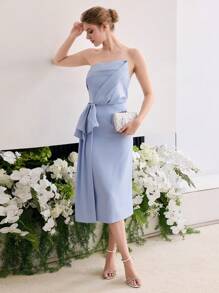 MOTF PREMIUM ELEGANT PLEATED WAIST BOW DETAIL TUBE DRESS - Blue - View 1