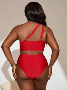 Slaydiva Plus Size Women Solid Color Asymmetrical Neck Fashion Tankini Swimwear, For Summer Beach Vacation - Red - View 2