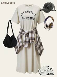 SHEIN 1 件休闲宽松圆领短袖连衣裙，简约百搭设计，适合少女，夏季新品