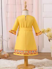 Baby Girl V-Neck Flare Sleeve Tie-Waist Dress, Family Matching Outfits (1 Piece Sold Separately) - Yellow - View 2