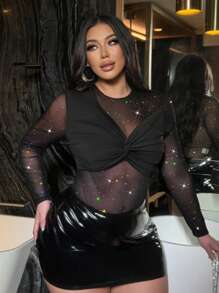 Flirla Sexy Sheer Splice Sequins Detail Plus Size Long Sleeve Bodysuit, For Party And Nightout - Black - View 4