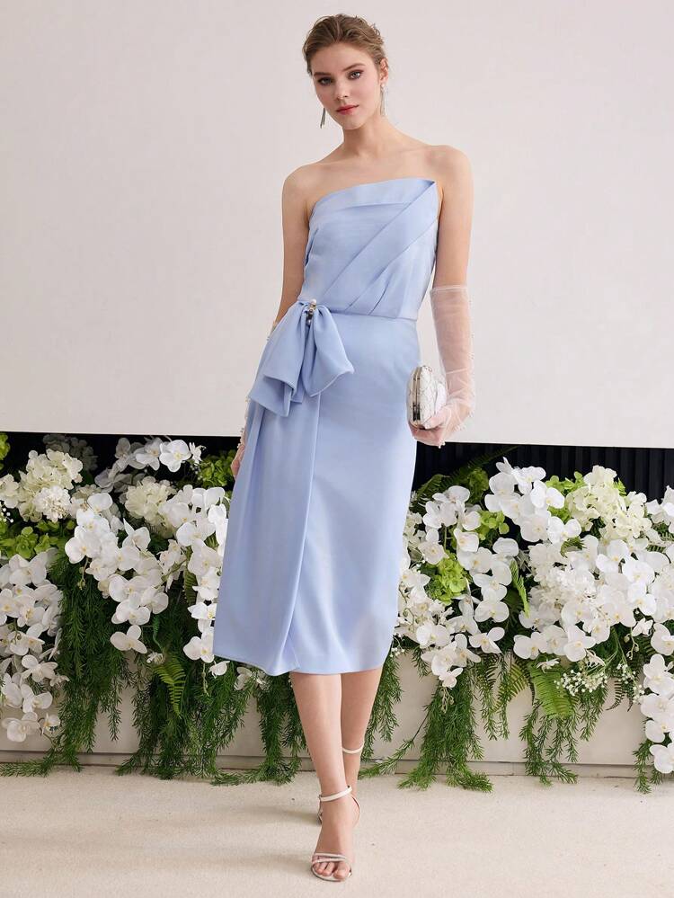 ELEGANT PLEATED WAIST BOW DETAIL TUBE DRESS