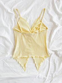 Soleia Women's Vacation Canary Yellow Knit Textured Twist Bust Asymmetric Ruffle Hem Spaghetti Strap Fashion Camisole, Suitable For Party, Date, Valentine's Day, Carnival, Beach, Cruise, Afternoon Tea - Yellow - View 2