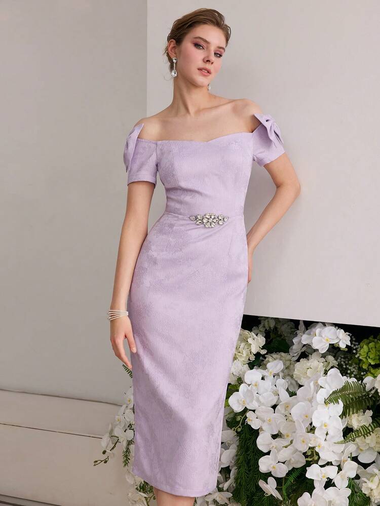 FLORAL JACQUARD OFF SHOULDER BOW DECOR RHINESTONE DETAIL DRESS