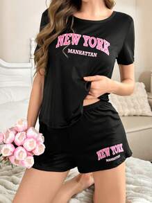 Conjunto de pijama de shorts y blusa de manga corta con estampado de letras para mujeres - Negro - Ver 3