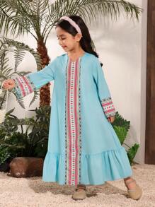 Girls Loose Cute Patchwork Geometric Pattern Midi Dress - Multicolor - View 5