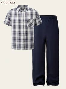 SHEIN Casuvi Kids 2 件套青少年男孩格子短袖双面衬衫和直腿休闲夏季长裤 - 彩色 - 查看 9