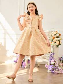 SHEIN Glamorique Kids Tween Girls' Elegant Gold Jacquard Cap Sleeve Summer Party Wedding Guest Dress,Luxurious Noble Graceful Gatherings Daily Occasions Summer Party Dress - Pink - View 1