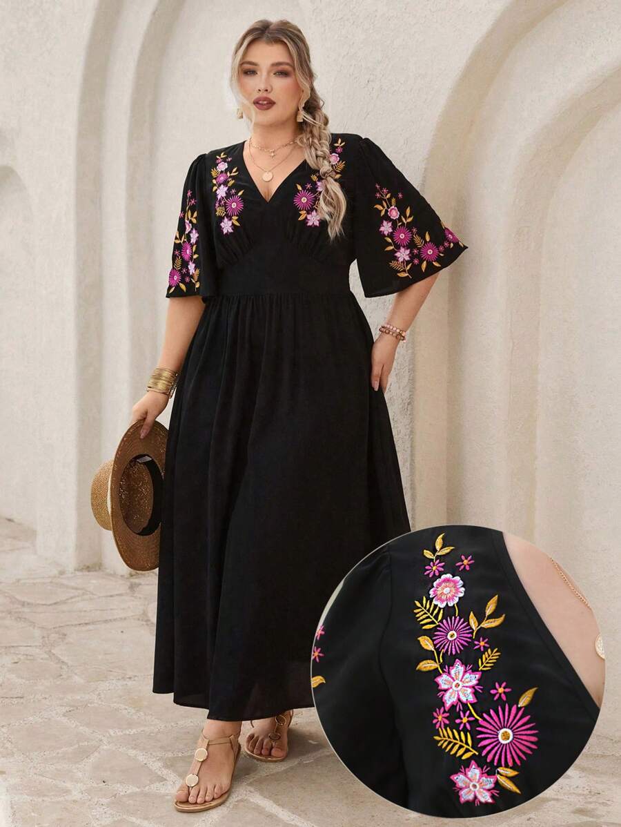 SHEIN VCAY Váy dài tay ngắn cổ chữ V thêu eo loe cỡ lớn mùa hè, váy Boho thường ngày lãng mạn cho kỳ nghỉ, ngày lễ tình nhân - màu đen - Xem 1