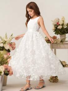 少女优雅奢华可爱圆领白色情人节雪纺覆盖无袖派对礼服适合庆典、婚礼、派对、活动等场合 - 白色 - 查看 4