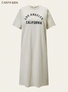 SHEIN 1 件休闲宽松圆领短袖连衣裙，简约百搭设计，适合少女，夏季新品