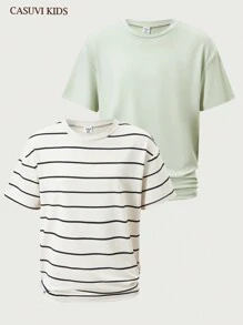 SHEIN Explorewe 2pcs Boys' Fashionable Versatile Striped Crew Neck T-Shirt & Olive Green T-Shirt Sets - Multicolor - View 8