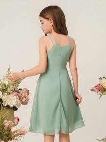 Vestido Slip Elegante e Minimalista para Meninas, Cintura Alta, Sem Mangas, Comprimento Médio, em Chiffon Verde Menta, Vestido de Verão Leve - Verde - Visão 2