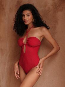 SHEIN Swim 女士露背镂空连体泳衣，金属金/银线，适合海滩、春假、节日、波西米亚风 - 紅色 - 查看 2