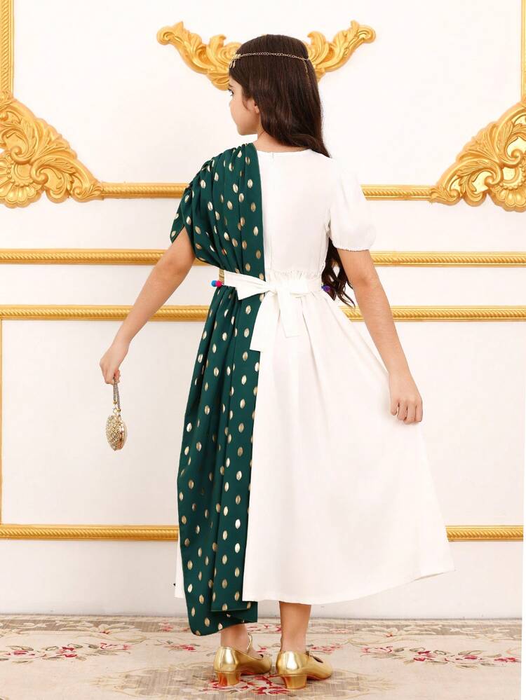 Tween Girl V-Neck Ruched Waist Dress & Gold Foil Print Shawl Set