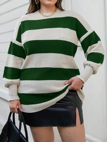 EURMUSE Plus Size Casual Colorblock Striped Drop Shoulder Sweater - Army Green - View 3