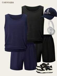 SHEIN Explorewe 4 件青少年男童休闲时尚简约通勤户外百搭舒适背心带口袋和短裤两件套服装