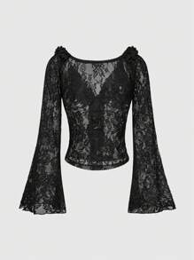 ROMWE Goth Blusa sexy y transparente con mangas acampanadas y volantes de encaje vintage para mujeres