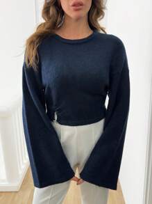 海军蓝短款针织毛衣，带可调节下摆细节 - 藏蓝色 - 查看 5