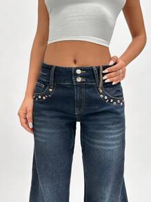 EURMUSE LOW WAIST WIDELEG JEAN WITH RIVET DETAIL - Dark Wash - View 4